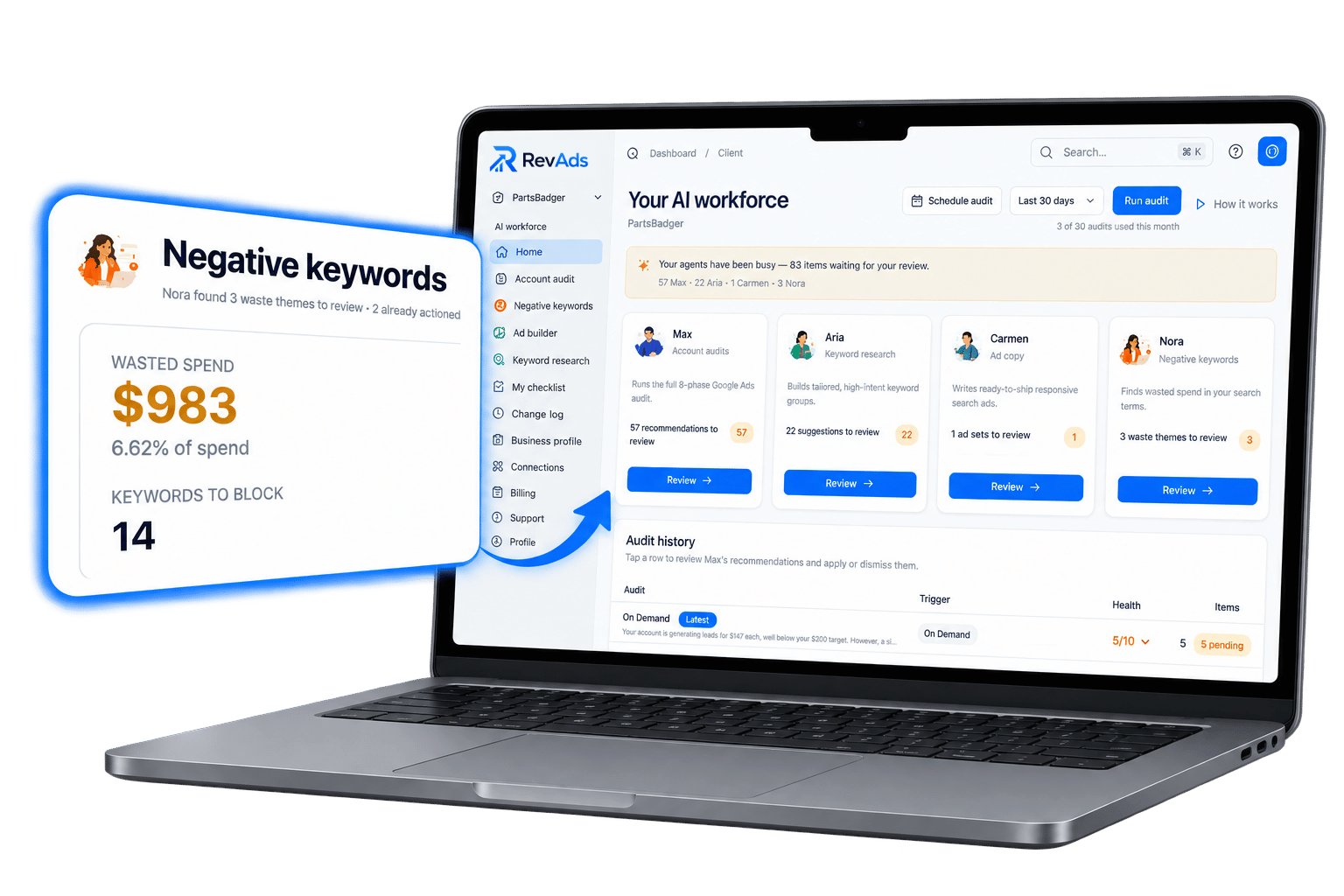 RevAds dashboard showing wasted spend, negative keywords, and AI agent recommendations